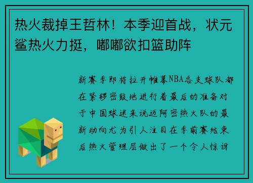 热火裁掉王哲林！本季迎首战，状元鲨热火力挺，嘟嘟欲扣篮助阵